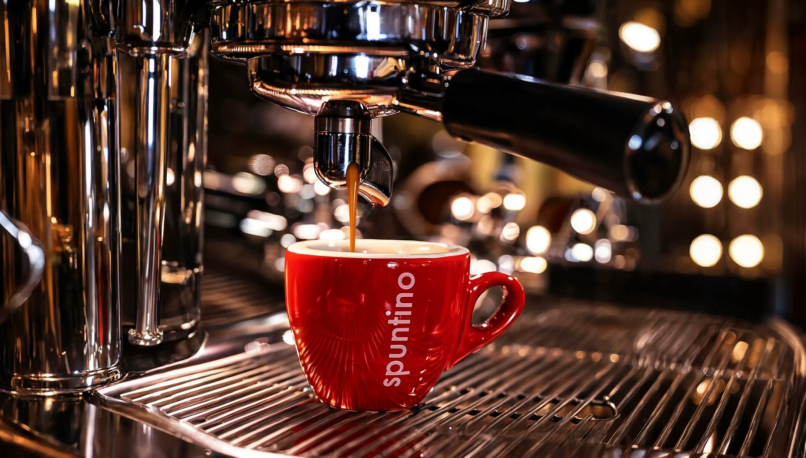 Nahaufnahme: frisch gebrühter Espresso fliesst in die rote spuntino-Tasse auf der Abtropfwanne der Siebträgermaschine.