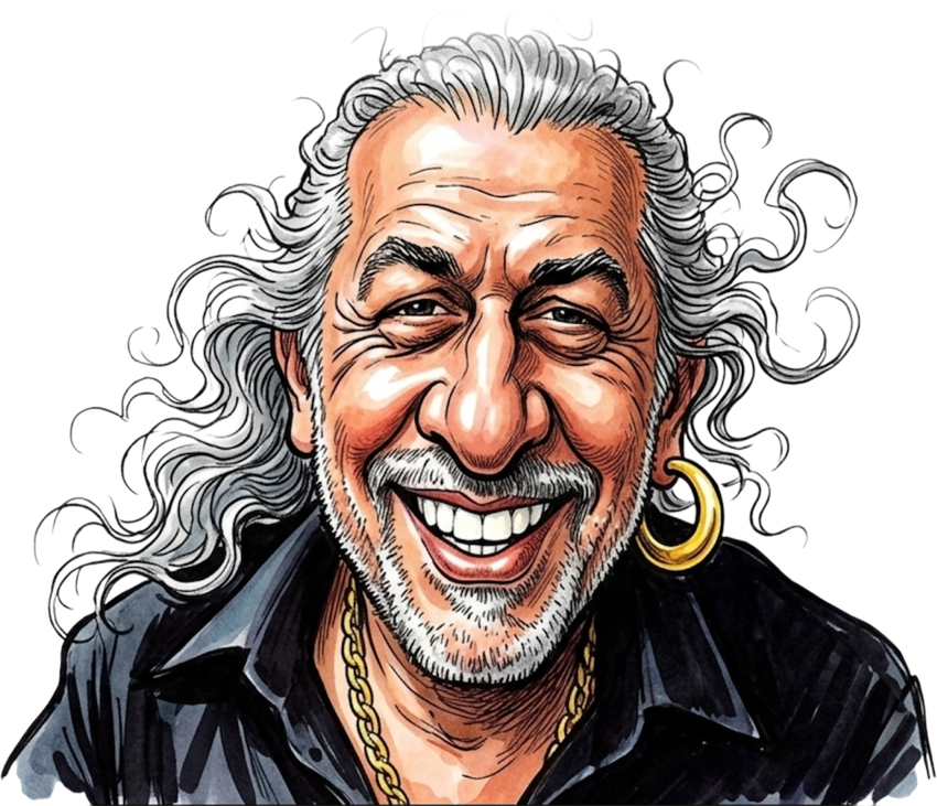 Karikatur von Gianni Gravina, Wirt der CafeBar spuntino: lachender Mann mit langem grauem Haar, Goldohrring und Goldkette.